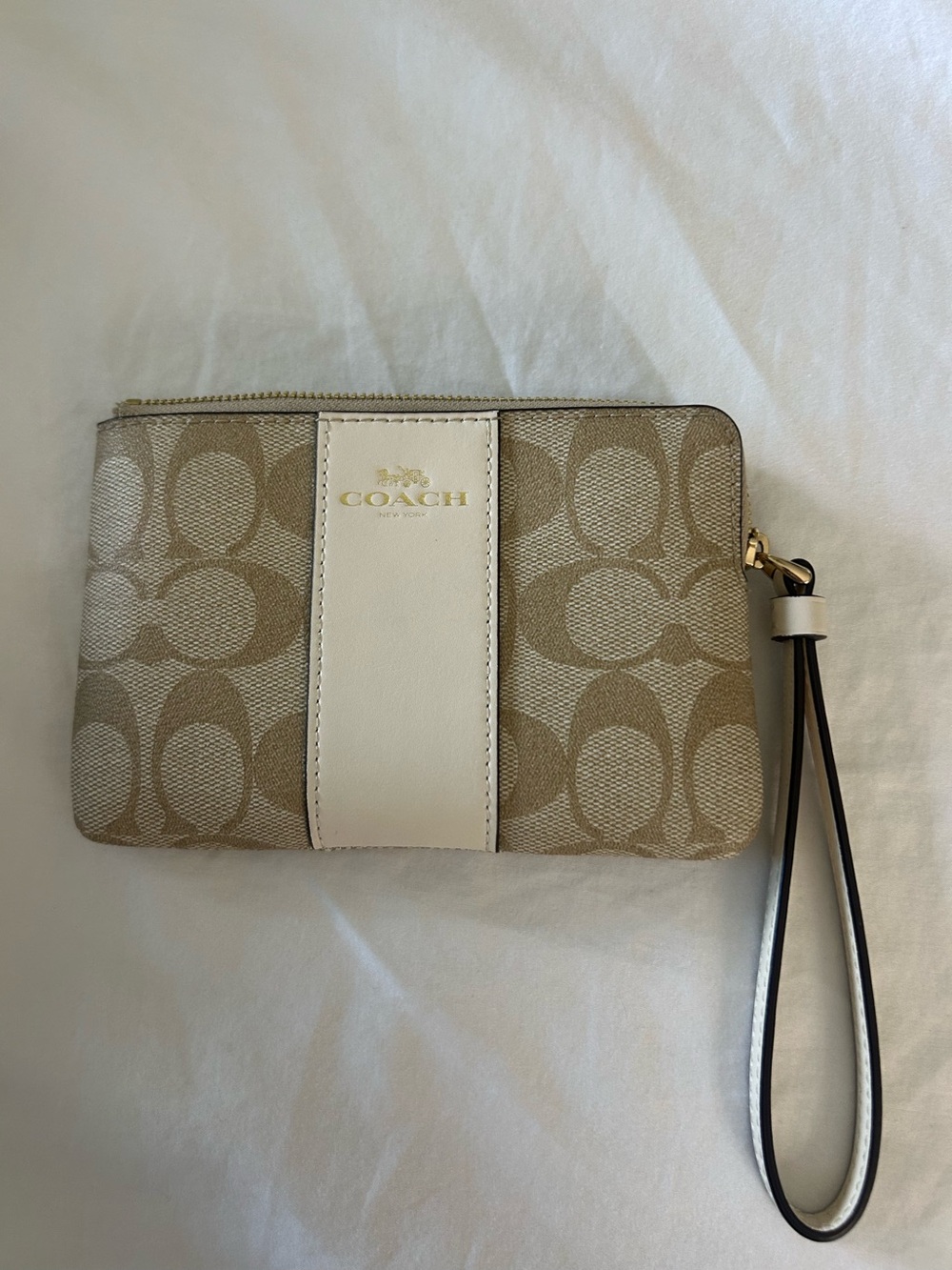 Coach Beige Signature Canvas Wristlet with Cream Leather Stripe